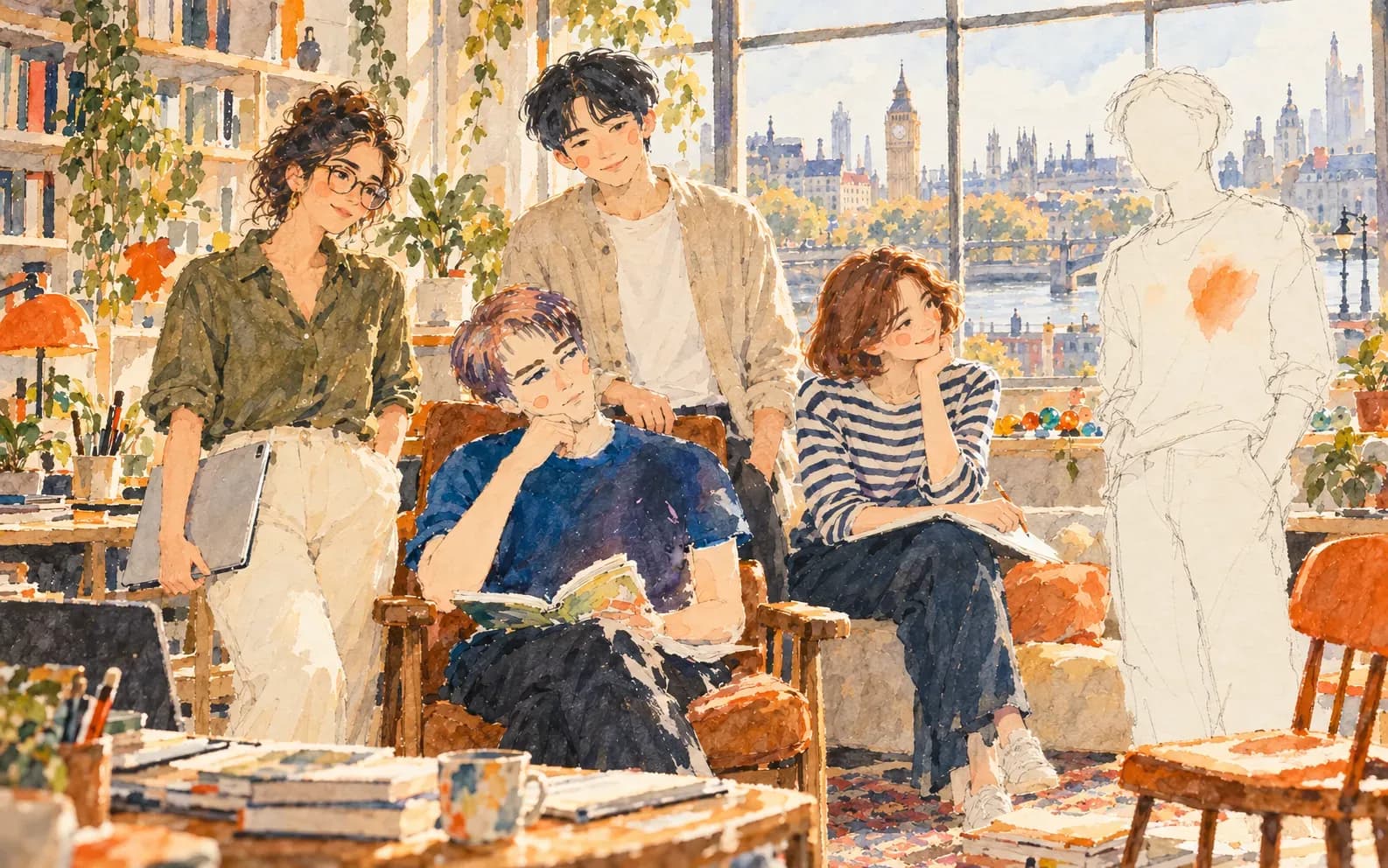 Watercolor of the Amino team in a sunlit London studio overlooking the Thames and Big Ben: four teammates gather around an armchair among books and plants, and a fifth figure is left as an unfinished pencil sketch.